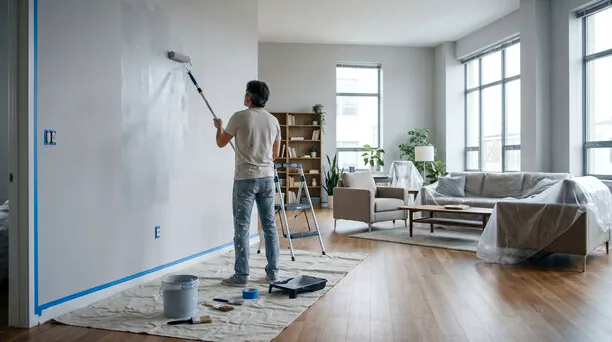 Painting a parlor in a Cameron Park house with furniture under covers